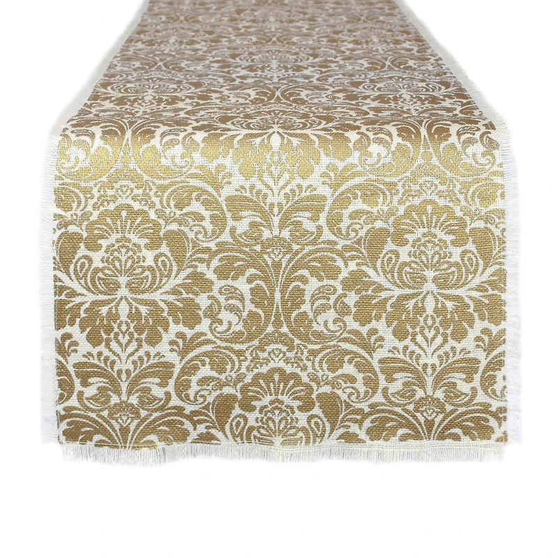 Gold Damask Print Jute Table Runner 14" x 108"