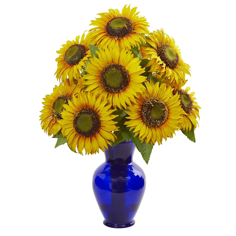 20" Sunflower Arrangement in Blue Garden Vase