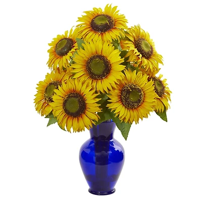 20" Sunflower Arrangement in Blue Garden Vase