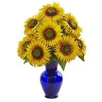 20" Sunflower Arrangement in Blue Garden Vase