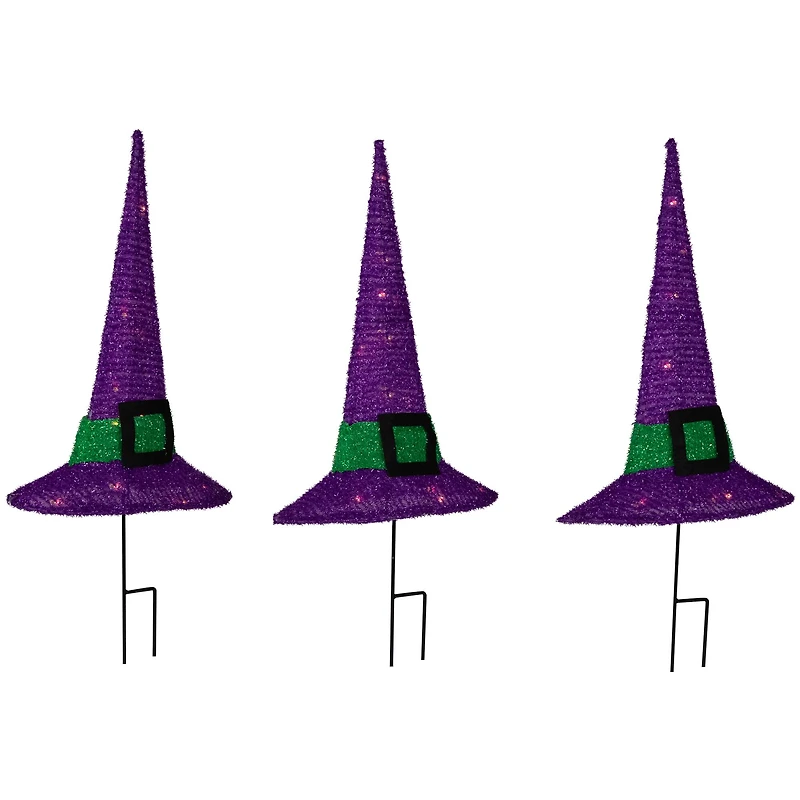 14" LED Lighted Purple Witches Hat Outdoor Halloween Pathway Markers, 3ct.