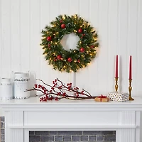24" White LED Frosted Christmas Wreath with Ornaments & Berries