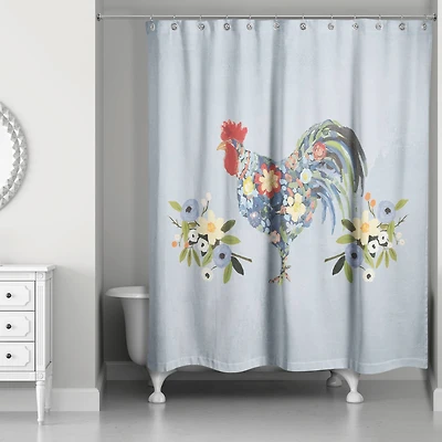 Floral Rooster Collage Blue 71" x 74" Shower Curtain