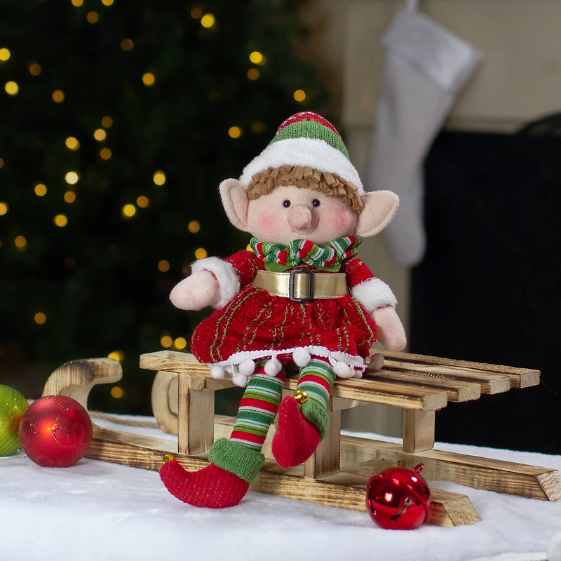 14'' Red and Green Plush Jingle Bell Girl Elf Christmas Figure