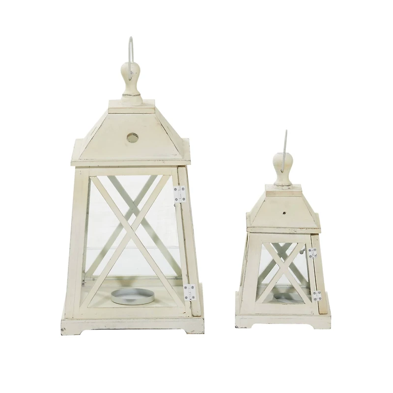Set of 2" White Wood Coastal Lantern, 19", 12"