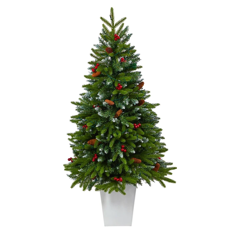 4.5ft. Pre-Lit Snow Tipped Portland Spruce Artificial Christmas Tree in White Metal Planter, Clear LED Lights