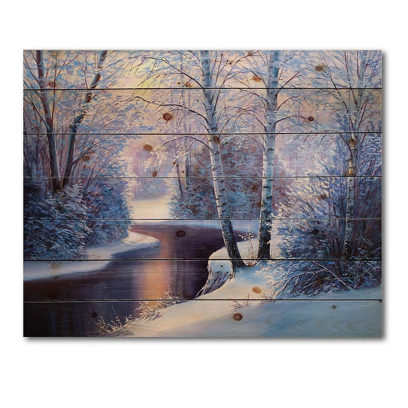 Designart Christmas Forest with River & Trees I Print on Natural Pine Wood