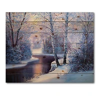 Designart Christmas Forest with River & Trees I Print on Natural Pine Wood