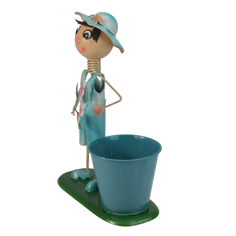 13.5" Boy With Blue Overalls & Flowers Spring Outdoor Planter