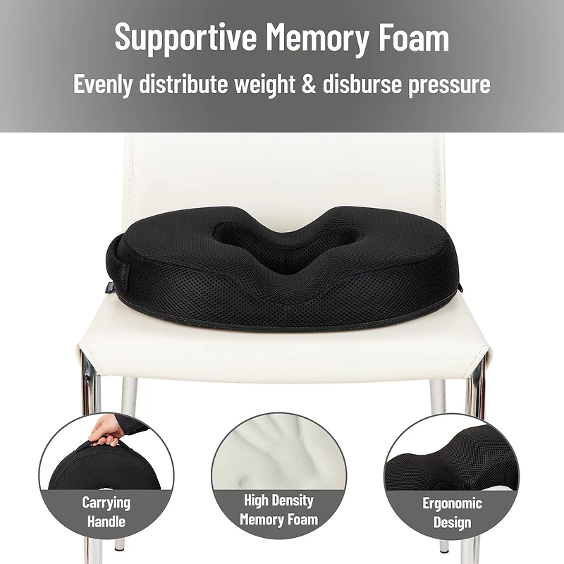 Mind Reader Donut Pillow Seat Cushion with Air-Cloud Technology, Tailbone, Hemorrhoid, Pregnancy Relief, Black