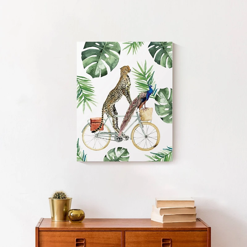 Cheetah & Peacock on Bike Canvas Wall Art