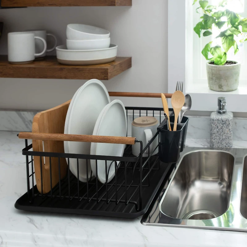 Kitchen Details Acacia Wood Black Drying Rack with Draining Tray
