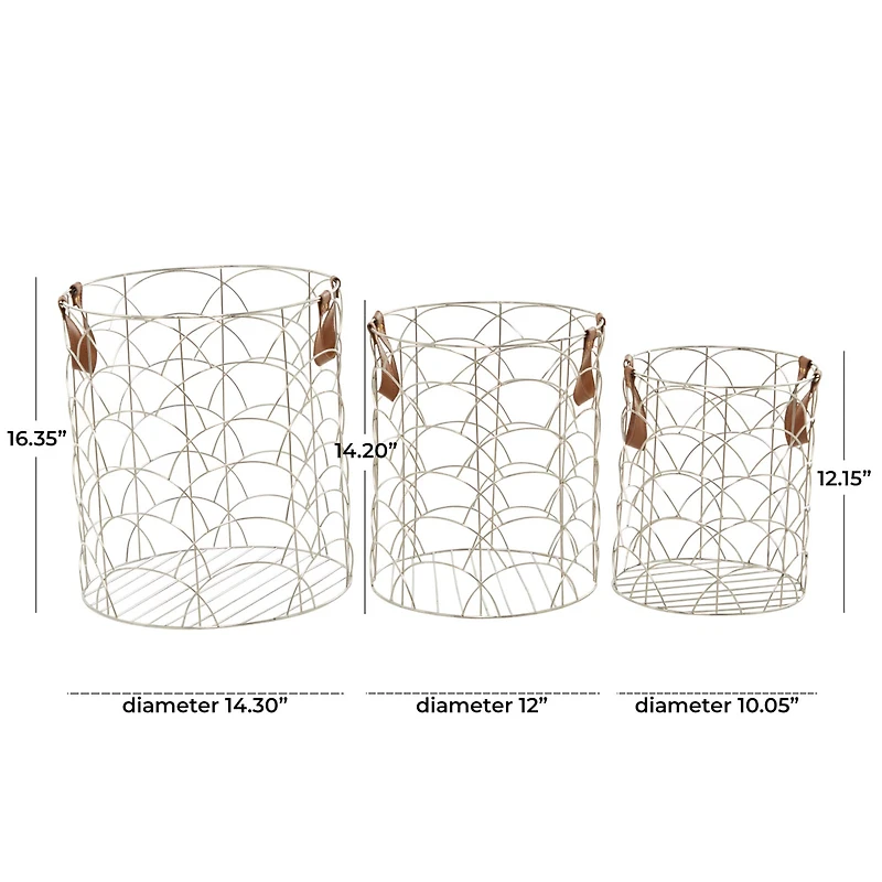 CosmoLiving by Cosmopolitan Silver Metal Storage Basket with Faux Leather Handles Set of 3 16", 14", 12"
