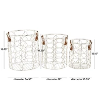 CosmoLiving by Cosmopolitan Silver Metal Storage Basket with Faux Leather Handles Set of 3 16", 14", 12"
