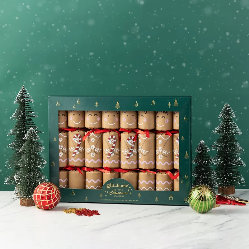 Glitzhome® 8PK 2"D x 12"H Gingerbread Man Christmas Party Crackers with Gift Contents