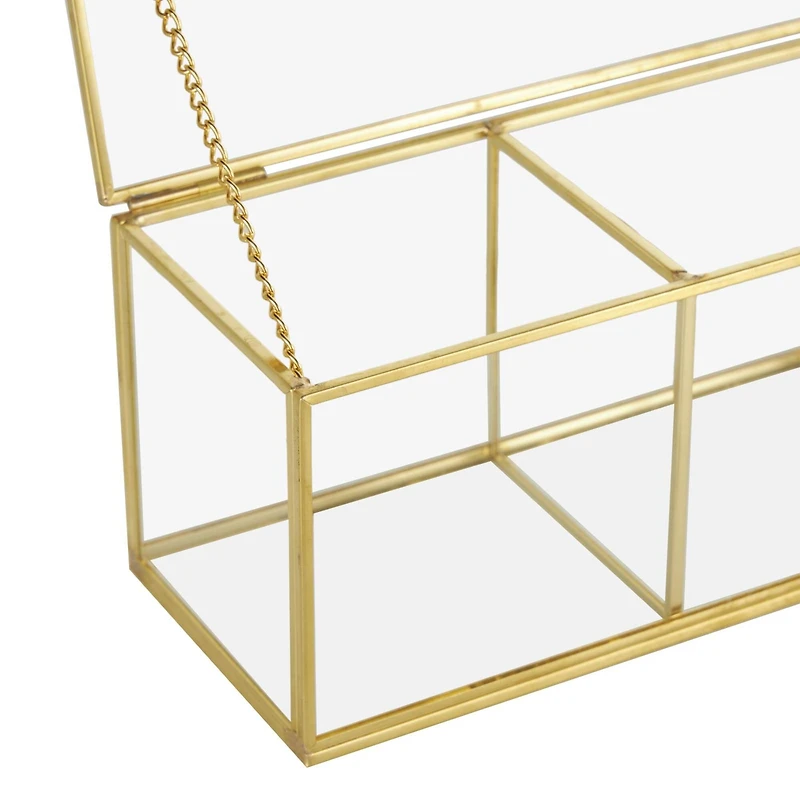 10" x 4" x 4" Clear & Gold 3-Slot Glass & Metal Slim Rectangular Jewelry Box with Chain Accent