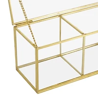 10" x 4" x 4" Clear & Gold 3-Slot Glass & Metal Slim Rectangular Jewelry Box with Chain Accent