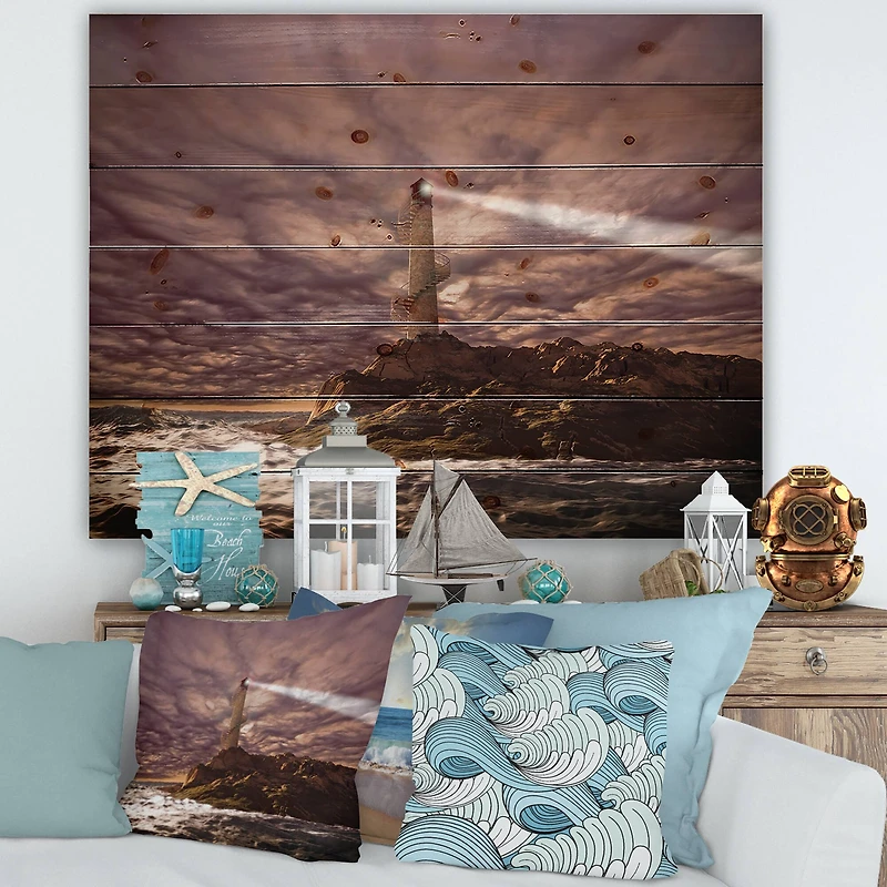 Designart - Lighthouse Shining Light During Stormy Night I