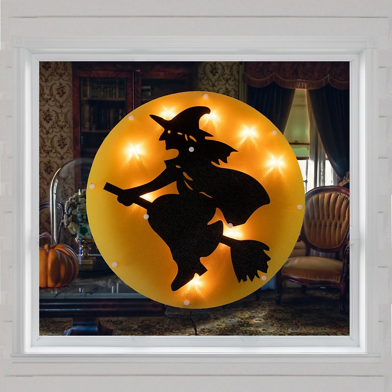 13.75" Lighted Witch on Broomstick Halloween Window Silhouette