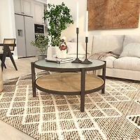 34" Brown Rattan Coffee Table with Pressed Tempered Glass Top