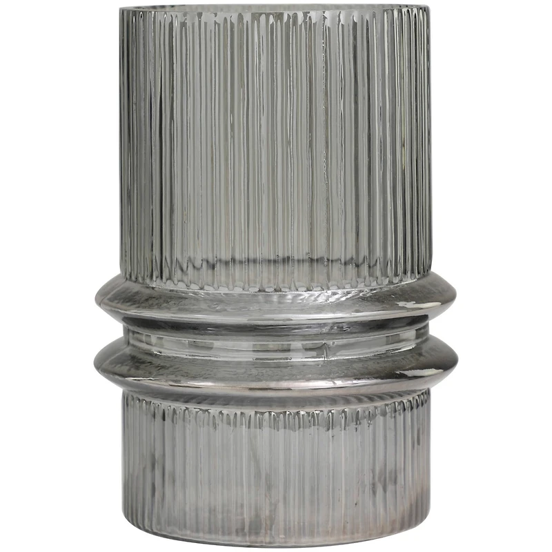 12" Gray Glass Wide Ribbed Vase with Fluted Center