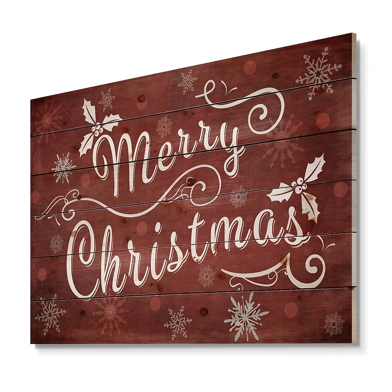 Designart Merry Christmas on Red Print on Natural Pine Wood