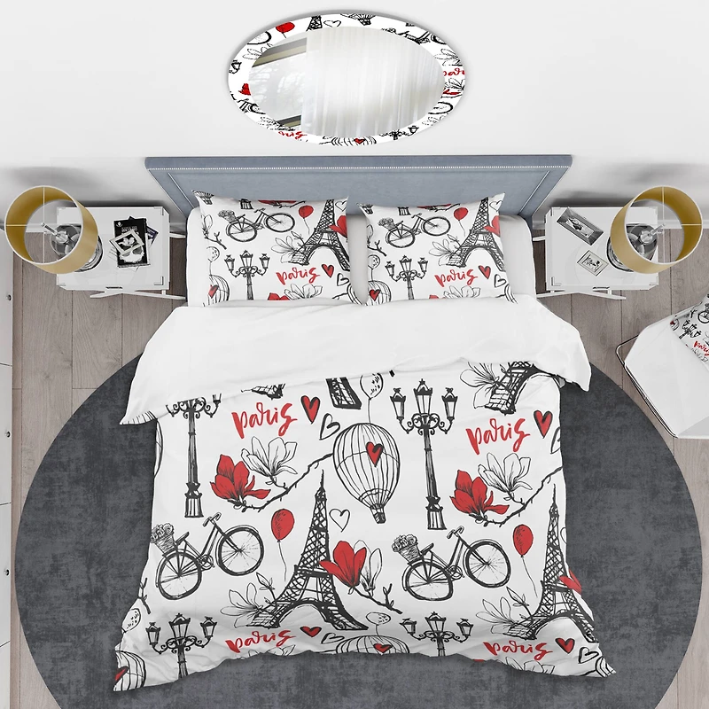 Designart 'Paris Eiffel Red Hearts I' Mid-Century Duvet Cover Set