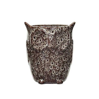 Hello Honey® 7" Brown Reactive Glaze Decorative Stoneware Owl Shaped Planter