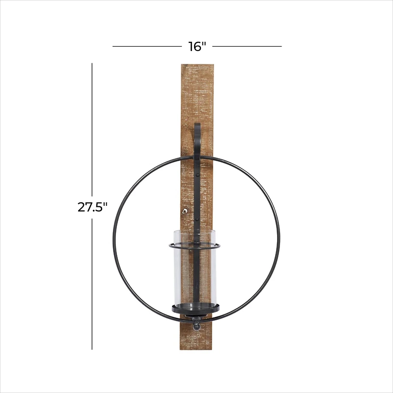 Farmhouse Brown Wood And Metal Wall Candle Holder, 28" x 16" x 6"