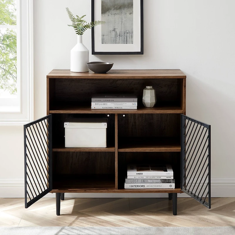 Walker Edison 32" Reclaimed Barnwood Modern Slanted Metal Door Accent Cabinet