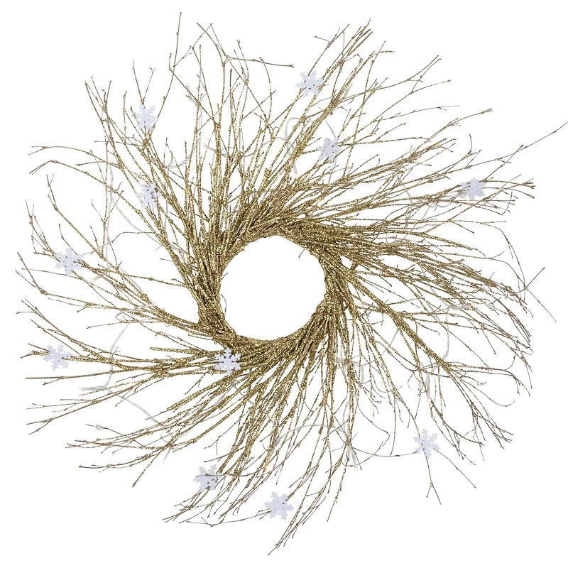 36" Pre-Lit Gold Glittered Twig Wreath with Warm White Lights