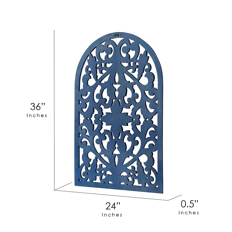 American Art Décor™ 36" Hand-Carved Arched Navy Blue Wood Wall Accent Medallion