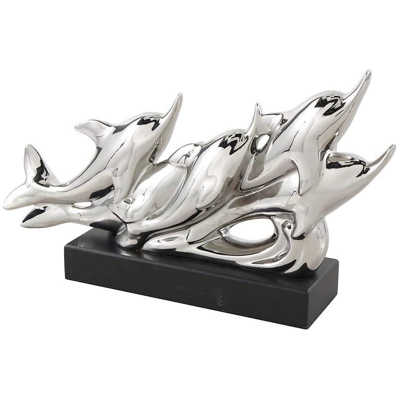 15.5" Silver Ceramic Dolphin Sculpture with Black Block Base