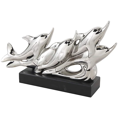 15.5" Silver Ceramic Dolphin Sculpture with Black Block Base