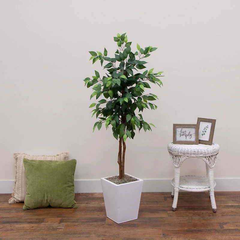 5ft. Artificial Ficus Tree in White Metal Square Planter