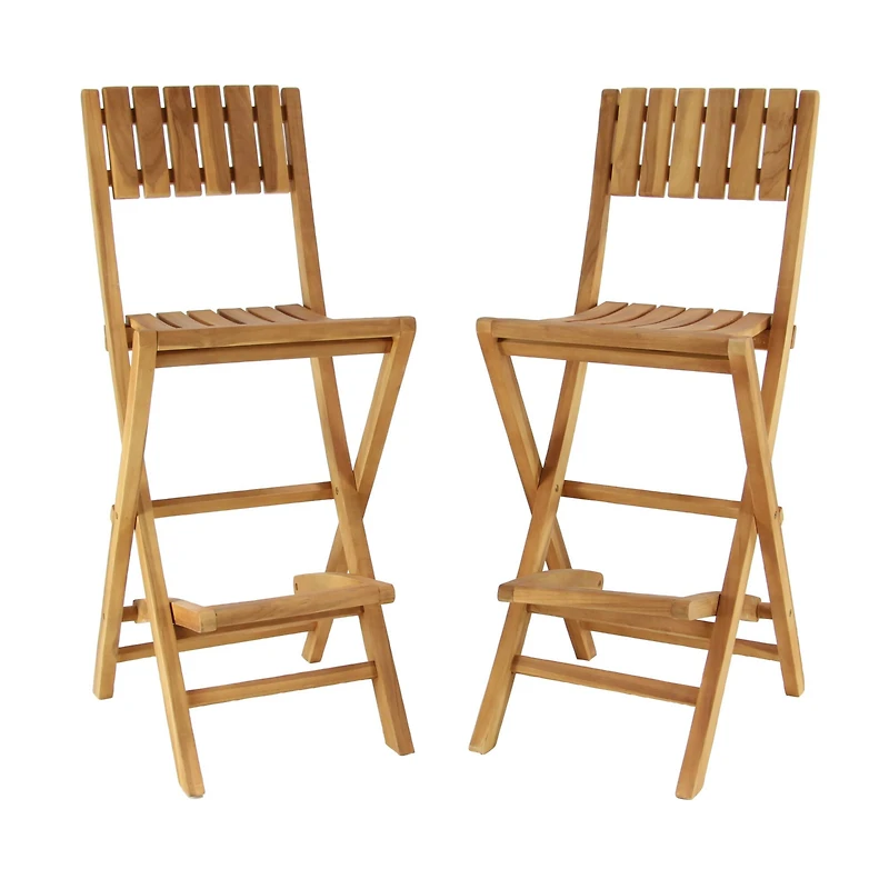 Set of 2 Brown Teak Wood Traditional Outdoor Bar Stool, 18" x 45"