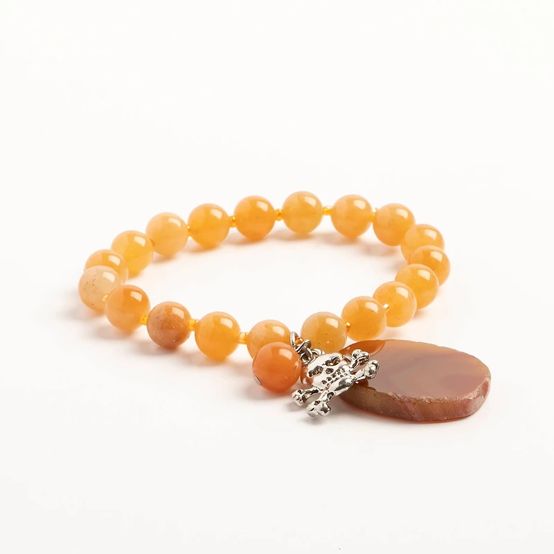 John Bead Peach Aventurine Stretch Bracelet with Agate & Skull Charms
