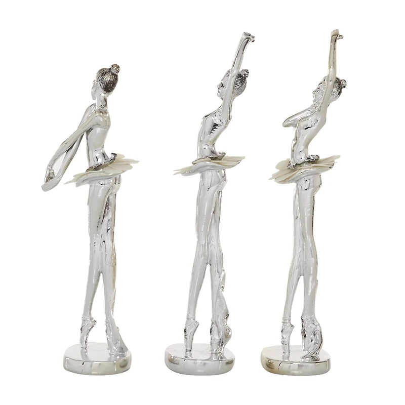 Set of 3 Silver Polystone Glam Dancer Sculpture, 10.75", 11.75", 11.75"