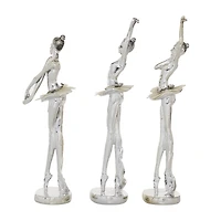 Set of 3 Silver Polystone Glam Dancer Sculpture, 10.75", 11.75", 11.75"
