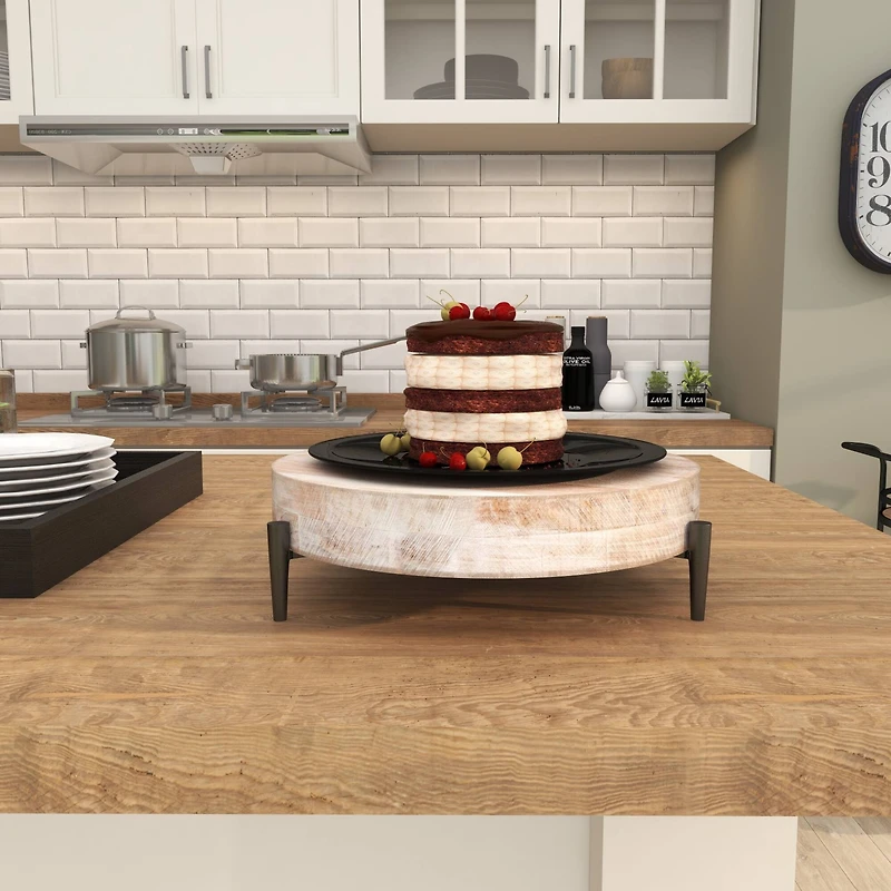 13" Cream Mango Wood Tray with Black Metal Leg