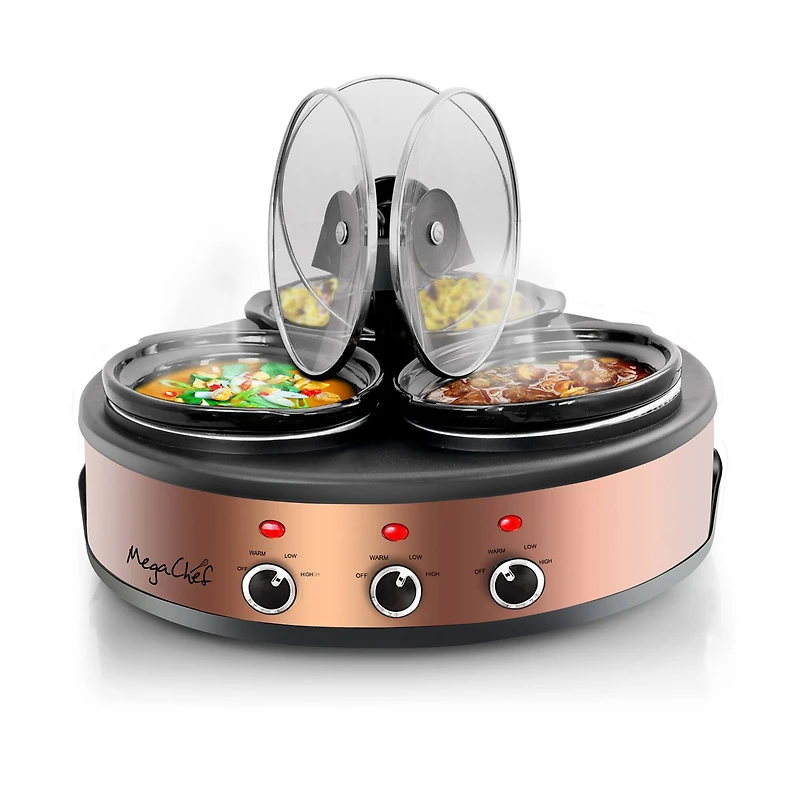 MegaChef Brushed Copper & Black Round Triple 1.5qt. Slow Cooker & Buffet Server Finish With 3 Ceramic Cooking Pots & Removable Lid Rests