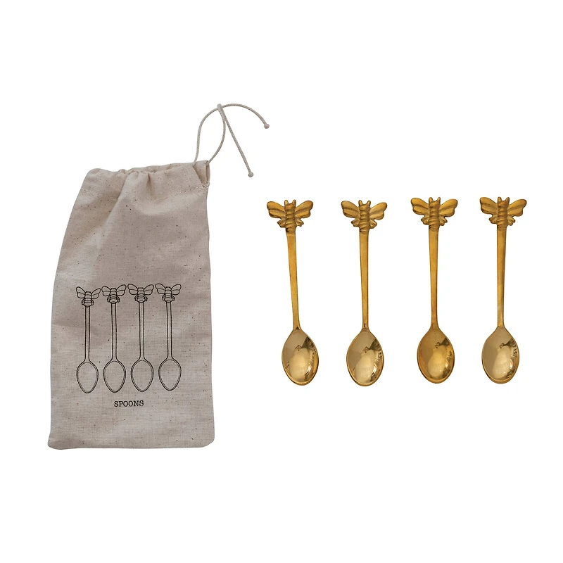 Hello Honey® Farmhouse Brass Spoons with Bee Handles Set in Drawstring Bag