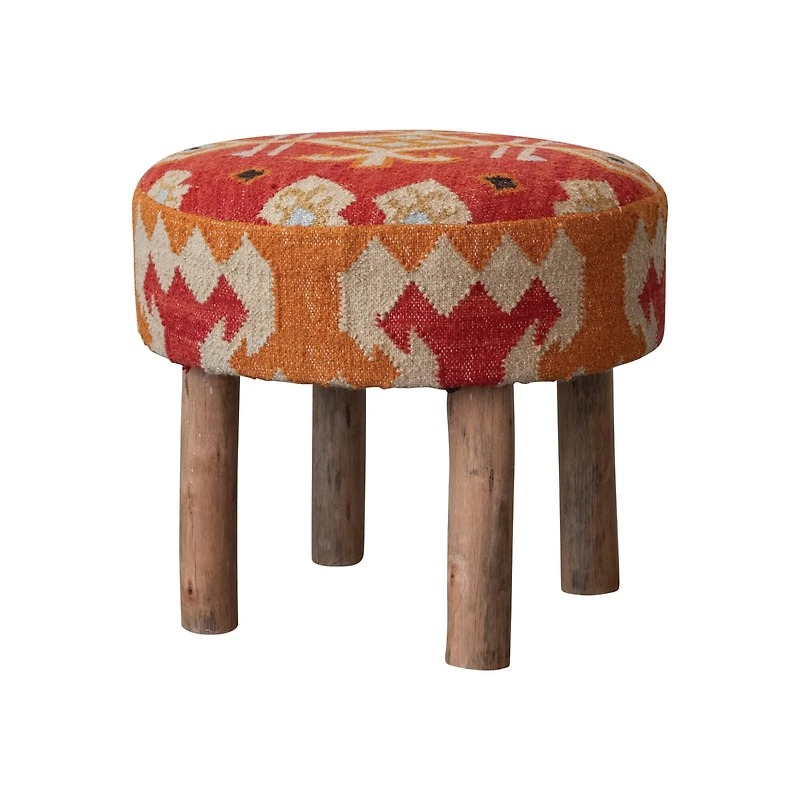Hello Honey® 24" Round Orange Cotton & Wool Kilim Stool with Natural Wood Legs