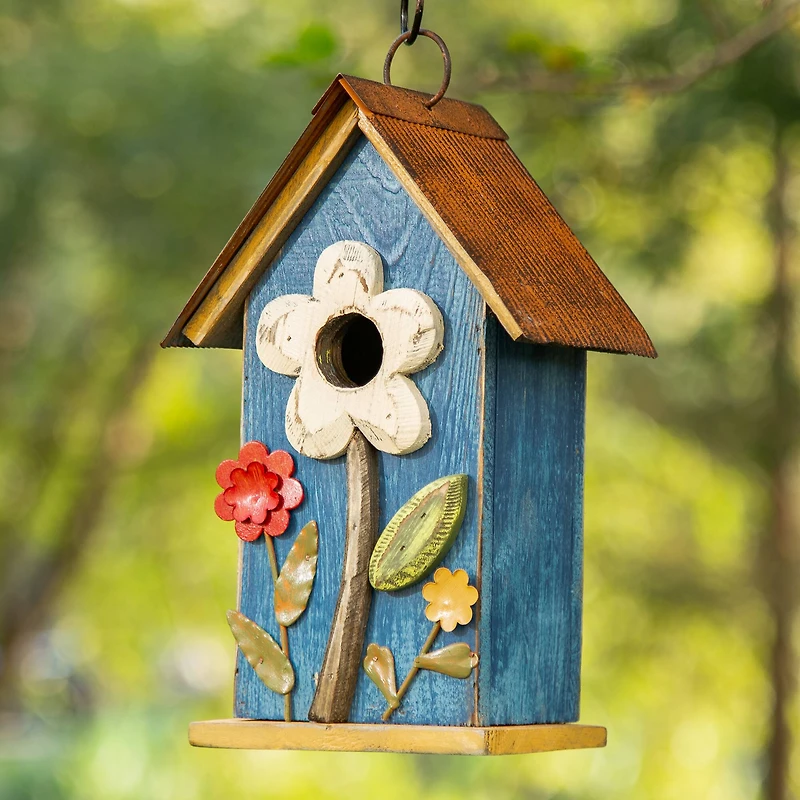 Glitzhome® 10.25" Retro Blue Distressed Flower Birdhouse
