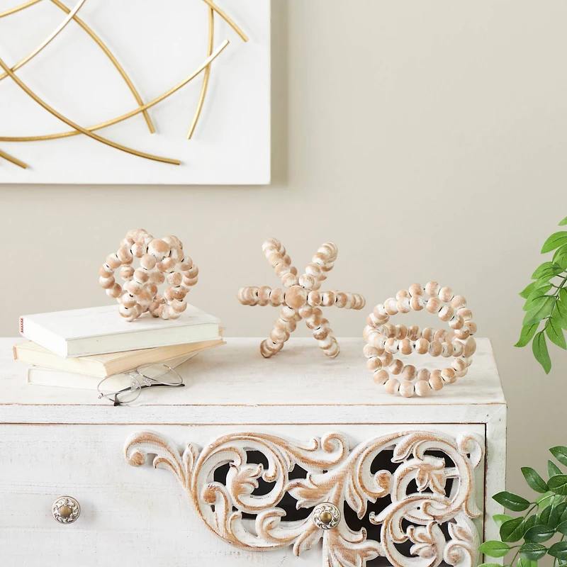 Whitewashed Brown Beaded Knot Wood Sculpture Set