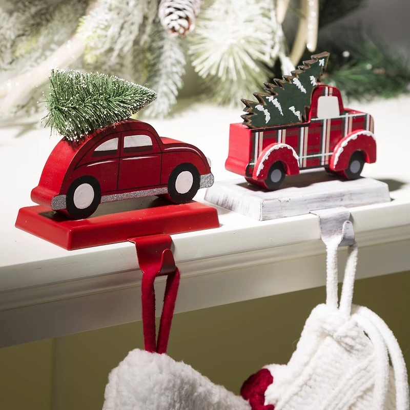 Glitzhome® Wooden & Metal Red Car & Truck Stocking Holder Set