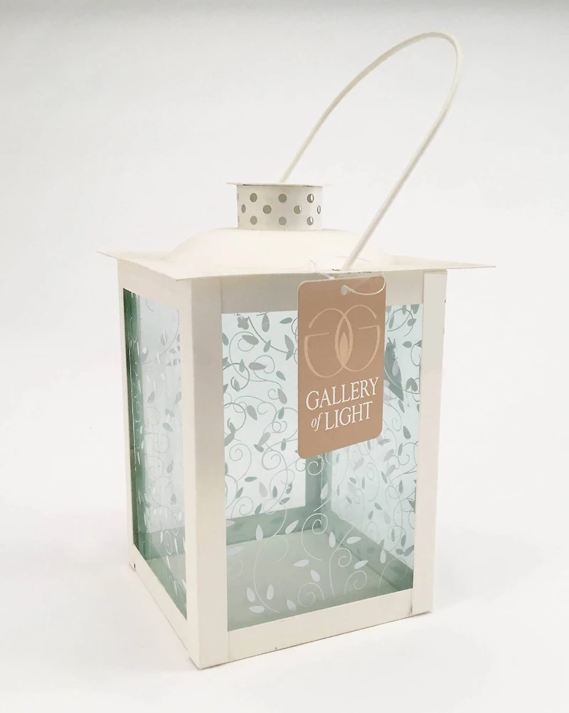 8" Large White Square Candle Lantern with Leaves