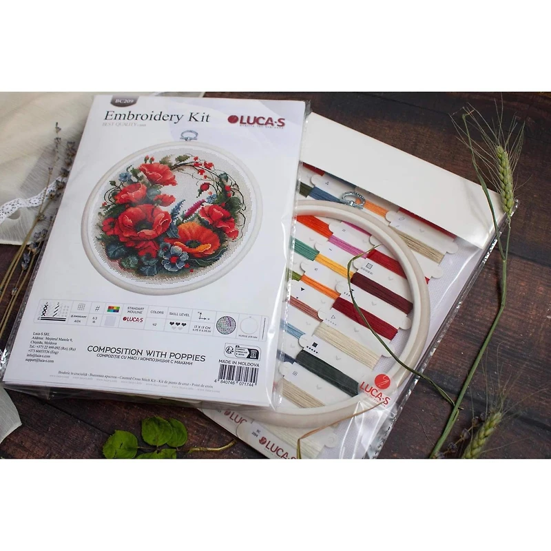 Luca-S Composition with Poppies Counted Cross Stitch Kit with Display Hoop