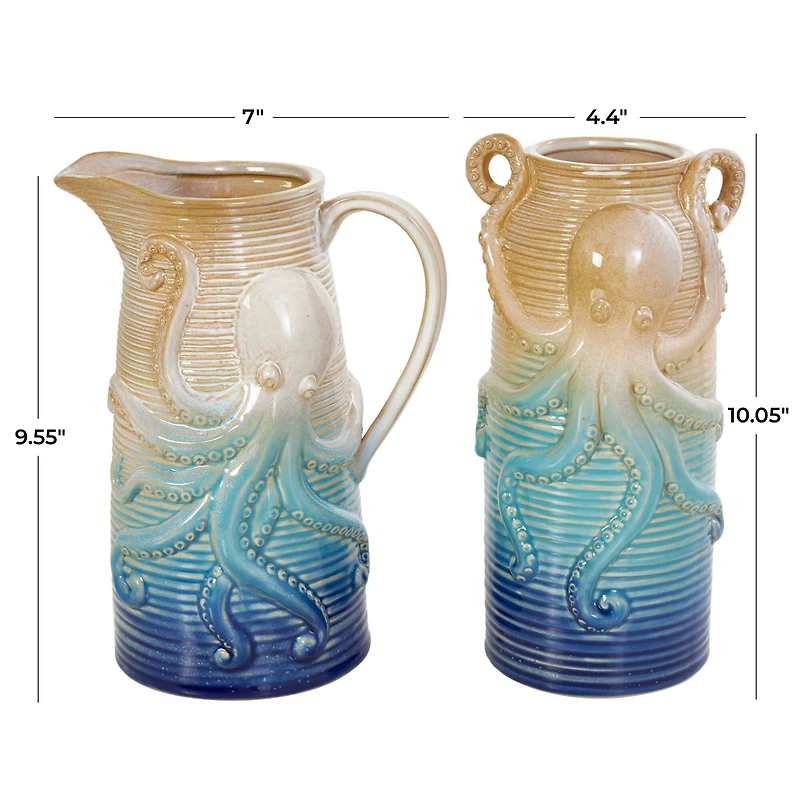 Blue Ombre Ceramic Octopus Vase Set