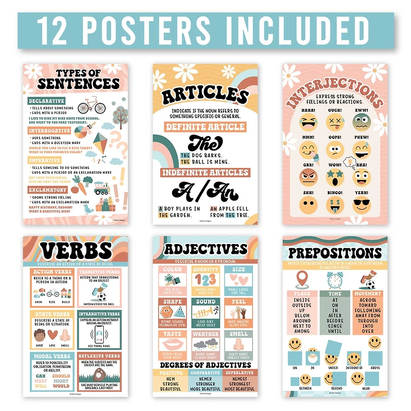 Hadley Designs 11" x 17" Retro Parts of Speech Language Arts and Grammar Laminated Posters Set